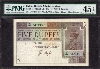 	Very Rare PMG Graded 45 Choice Extremely Fine EPQ Graded Five Rupees Banknote of King George V Signed by J B Taylor of 1925.	