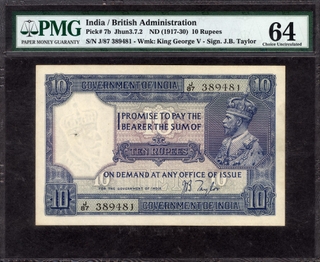 	Extremely Rare in High Grade as 64 Choice Uncirculated by PMG Ten Rupees Banknote of King George V Signed by J B Talyor of 1926.	