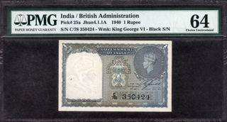 PMG graded 64 Choice Uncirculated One Rupee Banknote of King George VI Signed by C E Jones of 1944 with C prefix.