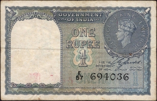 	Black Serial Numbred One Rupee Banknote of King George VI Signed by C E Jones of 1944.	