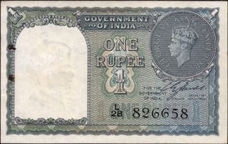 	A Rare One Rupee Banknote in strong paper quality of King George VI Signed by C E Jones of 1944.	