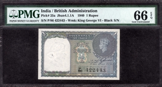 	PMG graded 66 GEM Uncirculated EPQ One Rupee Banknote of King George VI Signed by C E Jones of 1944.	