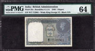 	Extremely Rare PMG 64 Graded One Rupee Banknote of King George VI Signed by C E Jones of 1944, Very Difficult Prefix W.	