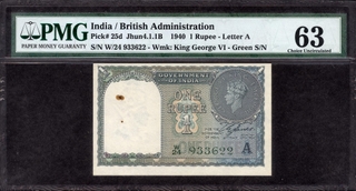 	Rare and UNC grade 63 By PMG One Rupee Banknote of King George VI Signed by C E Jones of 1944.	