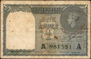 W Prefix A inset Green Serial One Rupee Banknotes of King George VI Signed by C E Jones of 1944.