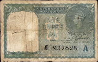 	Extremely Rare One Rupee Banknotes of King George VI Signed by C E Jones of 1944 in extremely difficult W Prefix Black Serial.	