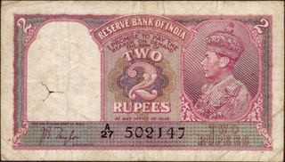 	Two Rupees Banknote of King George VI Signed by J B Taylor of 1943.	