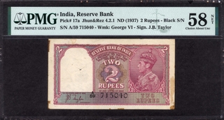 Extremely Rare PMG 58 Graded A prefix Two Rupees Banknote of King George VI Signed by J B Taylor of 1943.