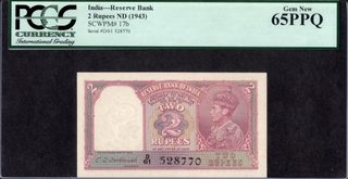 Extremely Rare PCGS 65PPQ  GEM NEW Graded  Two Rupees Banknote of King George VI Signed by C D Deshmukh of 1943.