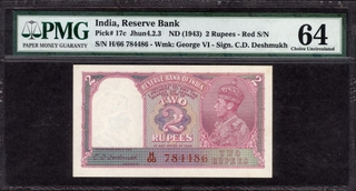 	Extremely Rare PMG 64 Graded Two Rupees Bank Note of King George VI Signed by C D Deshmukh of 1949 in crisp Paper Qulity.	