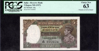 	Rare PCGS 63 Choice New Graded Five Rupees Banknote of King George VI Signed by J B Taylor of 1938.	