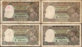 	A lot 4 Banknotes os Five Rupees of King George VI Signed by J B Taylor & C D Deshmukh .	