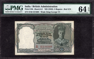 	Extremely Rare PMG 64 EPQ  RED Serial Five Rupees Bank Note of King George VI Signed by C D Deshmukh of 1947.	