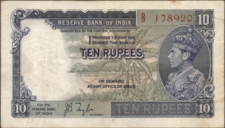 	Rare Ten Rupees Banknote of King George VI Signed by J B Taylor of 1938 In Extremely fine Condition	