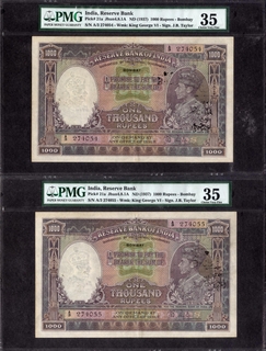 	Exceedingly Rare graded 35 by PMG 2 notes of One Thousand Rupees Banknotes of King George VI Signed by J B Taylor of 1938 of Bombay Circle.	