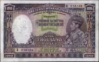 	Extremely Rare without pin hole A Prefix One Thousand Rupees Banknote of King George VI Signed by J B Taylor of 1938 of Calcutta Circle.	