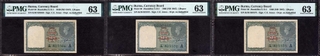 	Rare & High grade One Rupee 3  Banknotes of King George VI Signed by C E Jones of 1947 of Burma Issue graded by PMG as 63 Choice Uncirculated.	