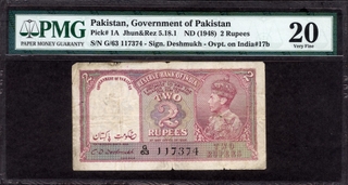 	Very Rare PMG Graded as 20 Pakistan Overprint Two Rupees Banknote of King George VI Signed by C D Deshmukh of 1948 of Pakistan Issue.	