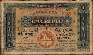 Very Rare Uma (One) Rupia Banknote of Banco Nacional Ultramarino of Portuguese India (Goa) of 1917.