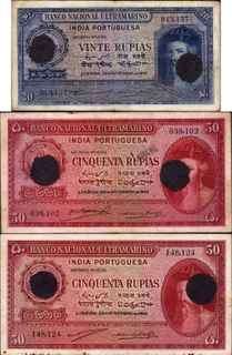 	A lot 3 Cancelled Vinte (Twenty) & 2 Notes of Cinquenta (Fifty) Rupias Banknotes of Banco Nacional Ultramarino of Portuguese India (Goa) of 1945.	