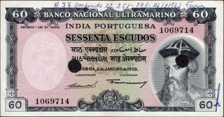 	Extremely Fine Cancelled Sessenta (Sixty) Escudos Banknote of Banco Nacional Ultramarino of Portuguese India (Goa) of 1959.	