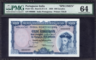 	PMG 64 Graded Extremely Rare Specimen One Hundred Escudos Bank Note of Banco Nacional Ultramarino of Portuguese India (Goa) of 1959.	