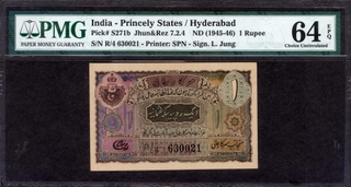 	Extremely Rare 64 EPQ PMG Graded One Rupee Banknote Signed by Liaqat Jung of Hyderabad State of 1945.	