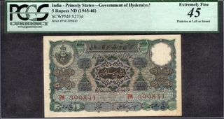 	Very Rare and High graded PCGS 45 Five Rupees Banknote Signed by Zahid Hussain of Hyderabad State of 1939.	