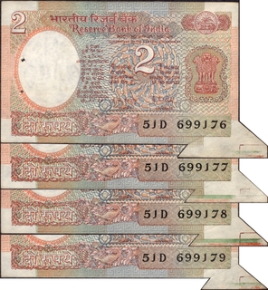 	Extremely Rare 4 Error Notes of Two Rupees Signed by R N Malhotra of Republic India.	