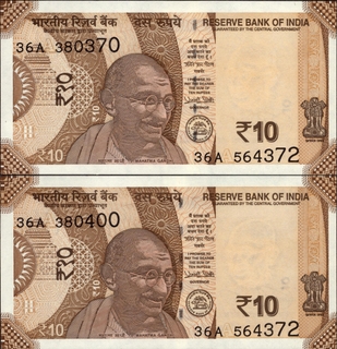 	UNC Crisp paper 2 Error Notes Ten Rupees with MISMATCHED SERIAL NUMBER Signed by Urjit R Patel of Republic India of 2018.	