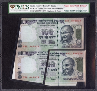 	Very Rare PMCS 50 & 58 RUNNING PAIR Error One Hundred Banknotes Signed by Raghuram G Rajan of Republic India of 2015.	