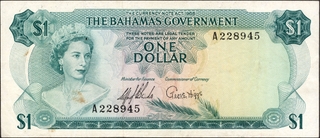 	One Dollar Banknote of Queen Elizabeth II of Bahamas of 1965.	