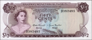 	UNC Fifty Cents Banknote of Bahamas of Queen Elizabeth II of 1968.	