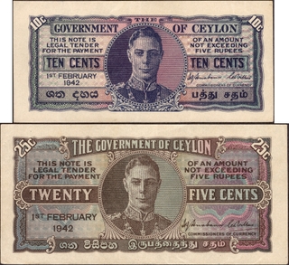 	UNC Uniface Banknotes of King George VI of Ceylon of 1942 .	