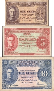 	Uniface Banknotes Set of 3 Notes of King George VI of Malaya of 1941.	