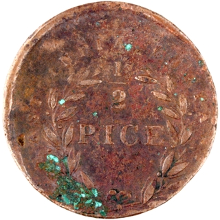 	Planchet shift Error Copper Half Pice Coin of East India Company of 1853 of British India.	