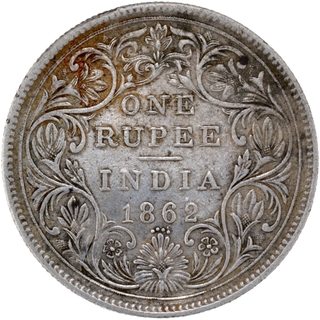 Rare Double Strike Error Silver One Rupee Coin of Victoria Queen of Bombay Mint of 1862.