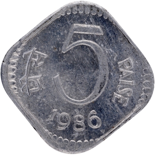 	Rare & UNC 6 o'Clock Die Rotation Error Aluminum Five Paise Coin of Calcutta Mint of 1986 of Republic India.	