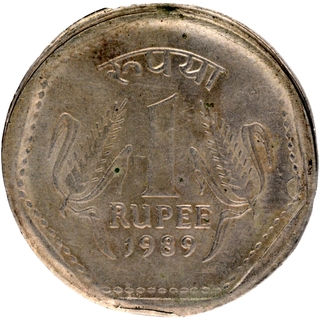 	Rare & UNC Brockage (Complete & Deep Lakhi) Error Copper Nickel One Rupee Coin of Calcutta Mint of 1989 of Republic India	