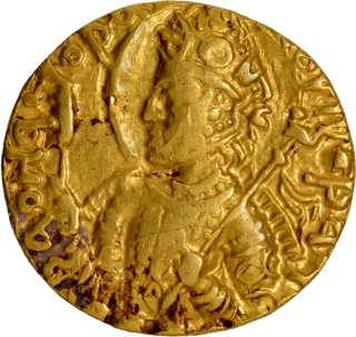 Exceedingly Rare Gold Dinar Coin of Huvishka of Kushan Dynasty of Pharro type.