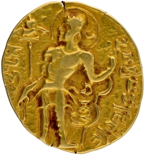 Chandragupta II Extremely Rare Gold Dinar Coin of Gupta Dynasty of Archer type with Goddess on throne.