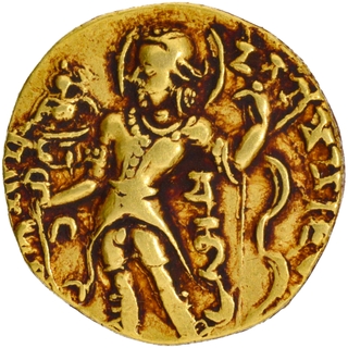 Archer type Chandragupta II Gold Dinar Coin of Gupta Dynasty with Goddess seated on 8 petalled lotus..