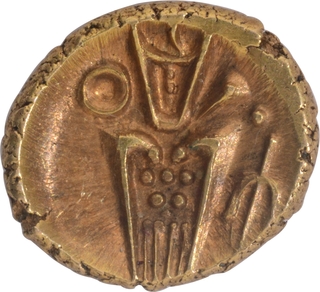 Inverted Trident Degenerated kali figure Gold Fanam of Indo Dutch.