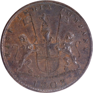  Copper Ten Cash 1808 AD Inverted die Axis on reverse Coin of Madras Presidency. 