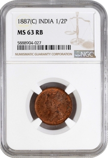 NGC MS 63 RB Graded Copper Half Pice Coin of Victoria Empress of Calcutta Mint of 1887.