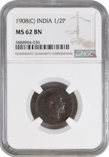 NGC MS 62 BN Graded Bronze Half Pice Coin of King Edward VII of Calcutta Mint of 1908.