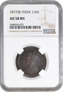 NGC AU 58 BN Graded Copper One Quarter Anna Coin of Victoria Empress of Bombay Mint of 1877.