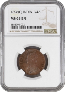 NGC MS 63 BN Graded Copper One Quarter Anna Coin of Victoria Empress of Calcutta Mint of 1896.