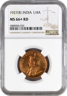 NGC MS 66+ RD Graded Bronze One Quarter Anna Coin of King George V of Bombay Mint of 1927.