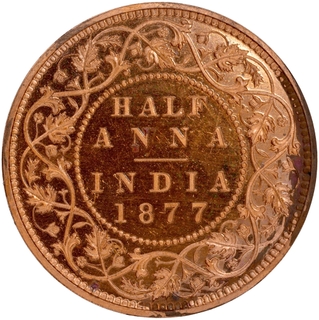 Proof Restrike Copper Half Anna Proof Coin of Victoria Empress of Bombay Mint of 1877.